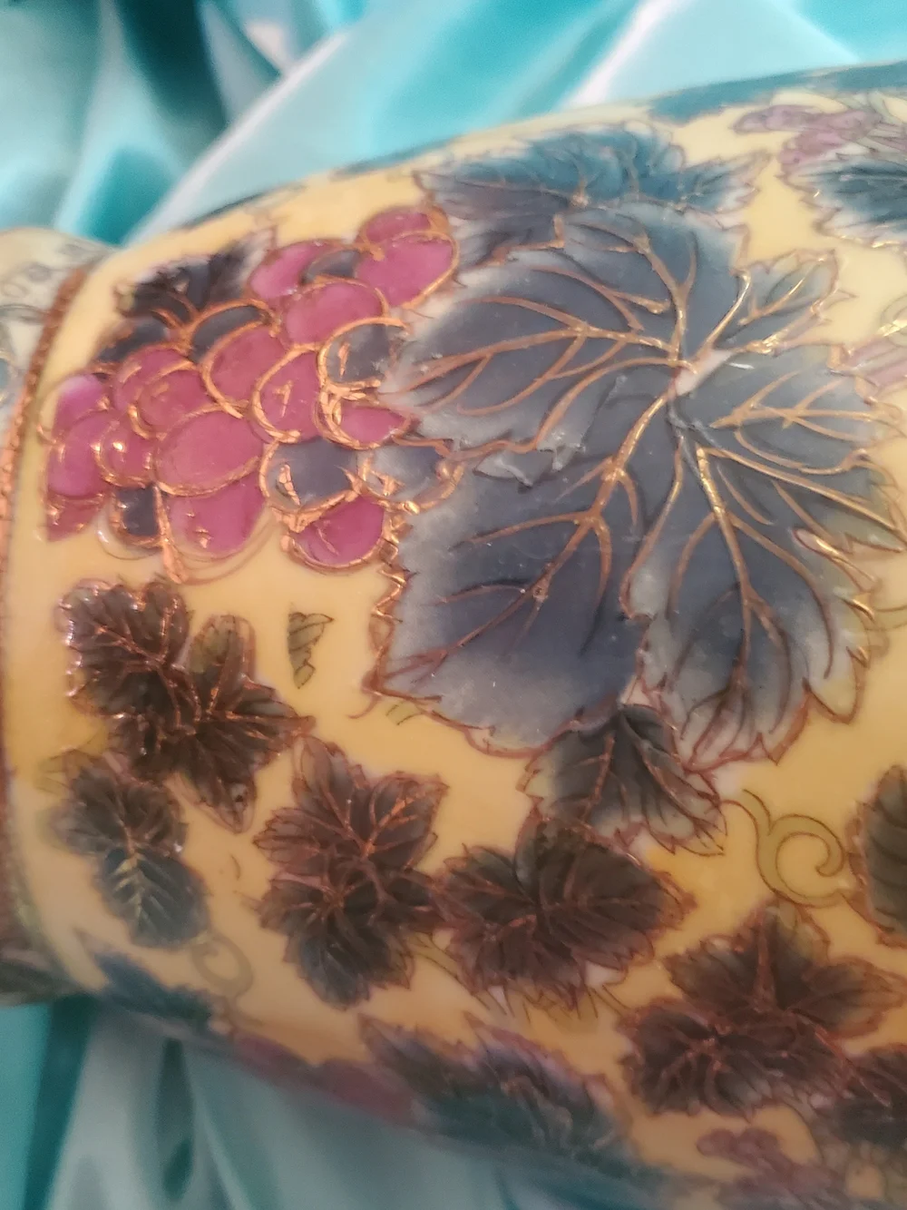 Hand-Painted Yellow Chinese 1980's Ceramic Lamp/Vase Base Grape Motif